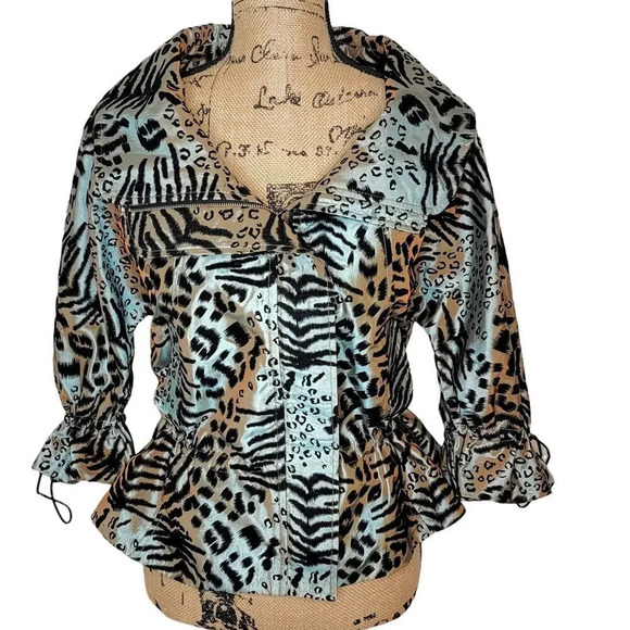 LINDI Women's Iridescent Animal Print Drawstring Peplum Jacket Size Small Black - Picture 1 of 15